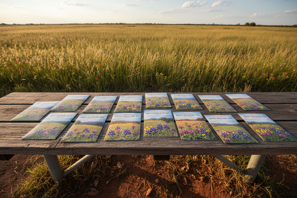 Large flat lay of seed packets with wide landscape imagery, native grasses and wildflowers visible, warm Texas sunlight, expansive outdoor feel, natural and ecological aesthetic
