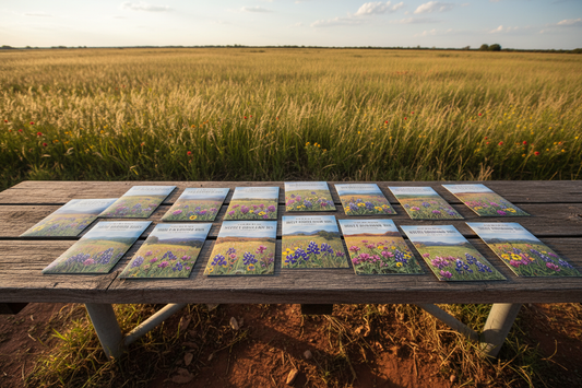 Large flat lay of seed packets with wide landscape imagery, native grasses and wildflowers visible, warm Texas sunlight, expansive outdoor feel, natural and ecological aesthetic