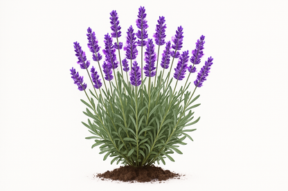 lavender elegance purple Show the entire, mature plant upright with true-to-type, healthy foliage, and in a small clump of natural soil. Use a solid, clean white background in a high-detail, fresh botanical catalog style for an online store.