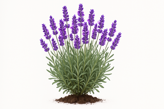 lavender elegance purple Show the entire, mature plant upright with true-to-type, healthy foliage, and in a small clump of natural soil. Use a solid, clean white background in a high-detail, fresh botanical catalog style for an online store.