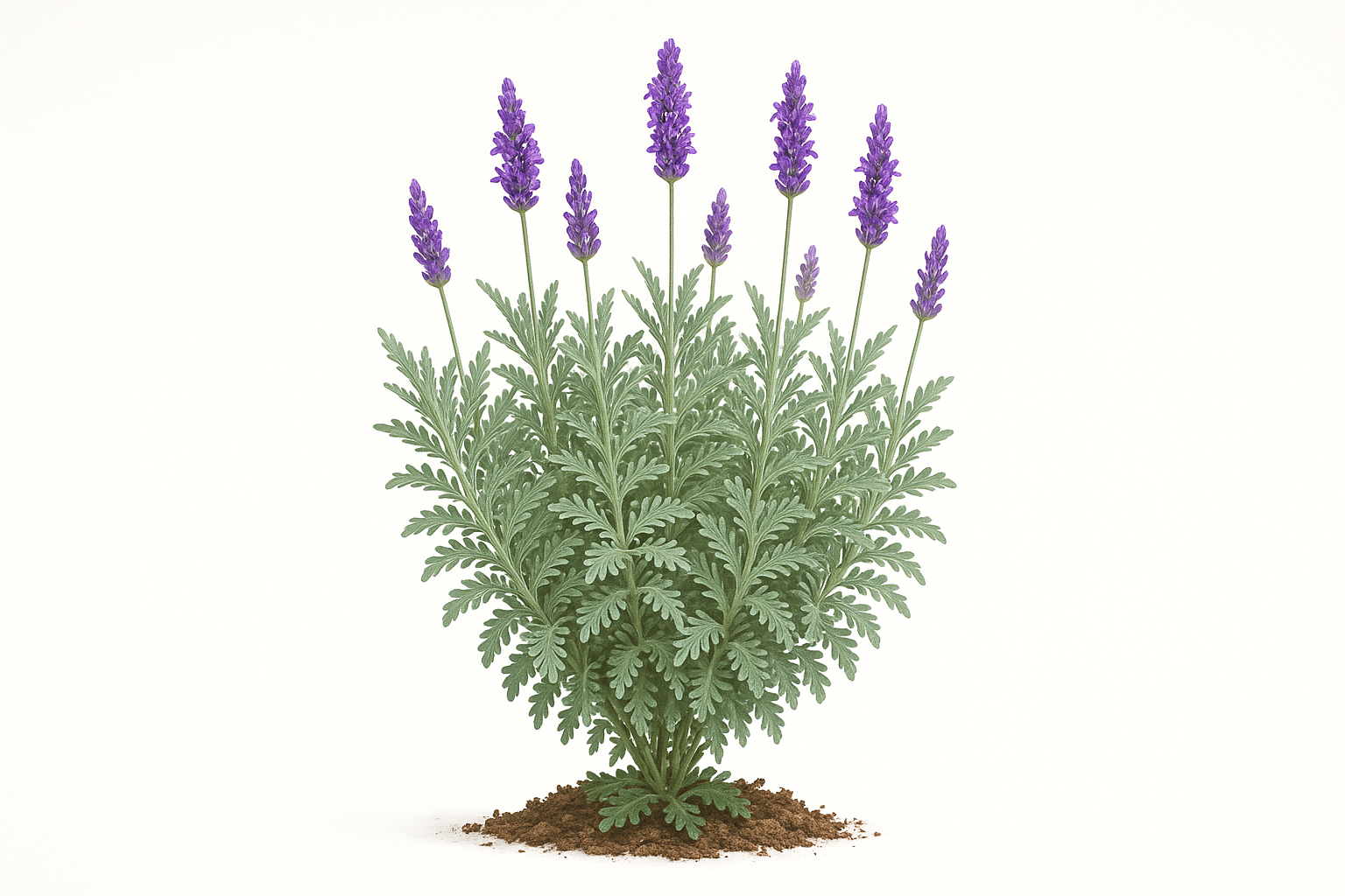 lavender Goodwin creek Show the entire, mature plant upright with true-to-type, healthy foliage, and in a small clump of natural soil. Use a solid, clean white background in a high-detail, fresh botanical catalog style for an online store.