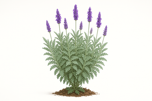 lavender Goodwin creek Show the entire, mature plant upright with true-to-type, healthy foliage, and in a small clump of natural soil. Use a solid, clean white background in a high-detail, fresh botanical catalog style for an online store.