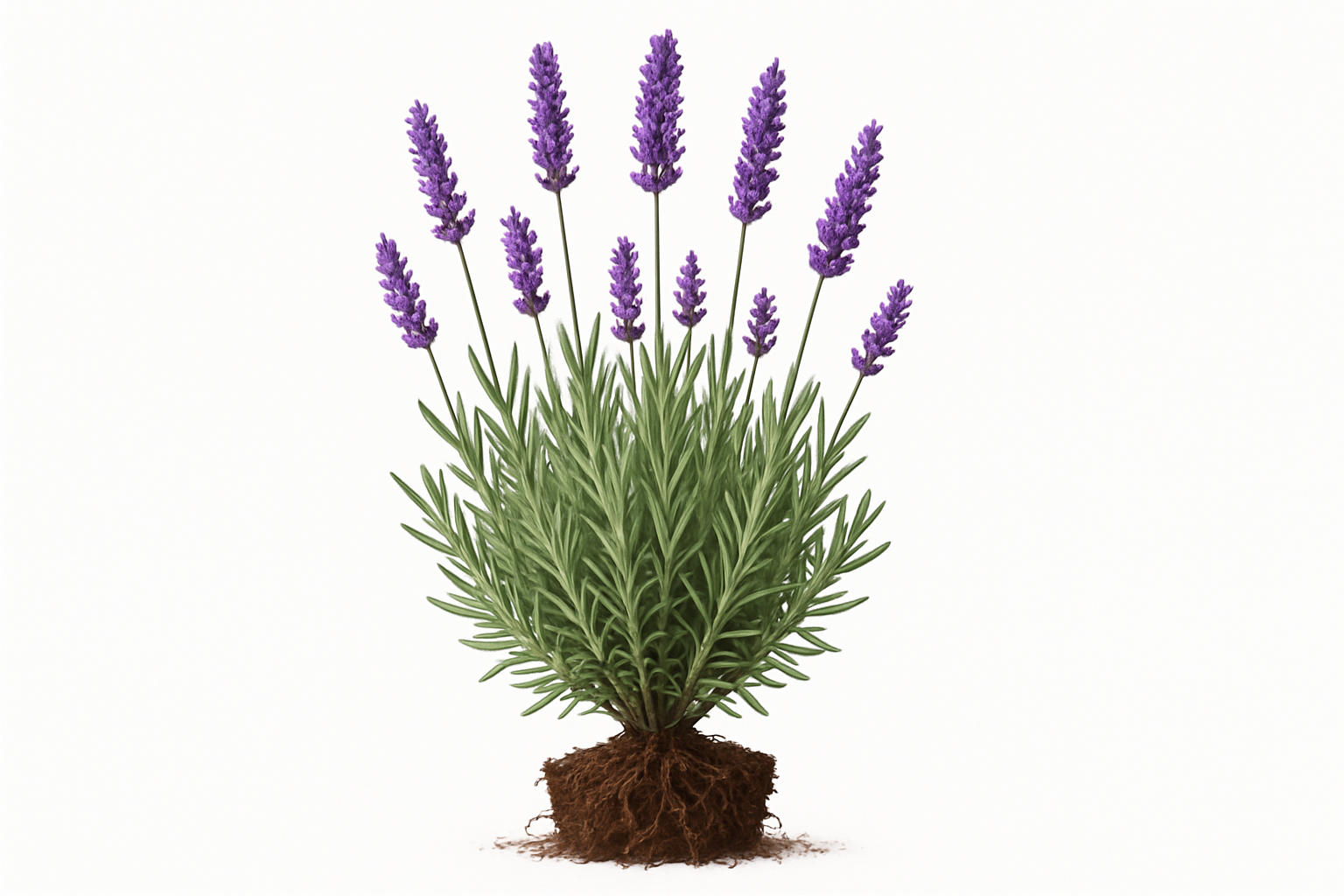 lavender grosso Show the entire, mature plant upright with true-to-type, healthy foliage, and in a small clump of natural soil. Use a solid, clean white background in a high-detail, fresh botanical catalog style for an online store.