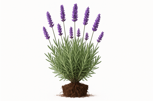 lavender grosso Show the entire, mature plant upright with true-to-type, healthy foliage, and in a small clump of natural soil. Use a solid, clean white background in a high-detail, fresh botanical catalog style for an online store.