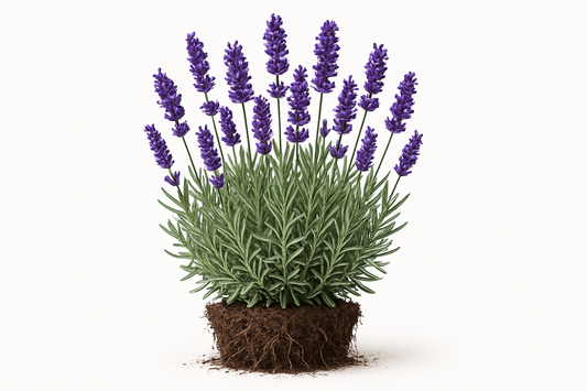 lavender hidcote blue Show the entire, mature plant upright with true-to-type, healthy foliage, and in a small clump of natural soil. Use a solid, clean white background in a high-detail, fresh botanical catalog style for an online store.