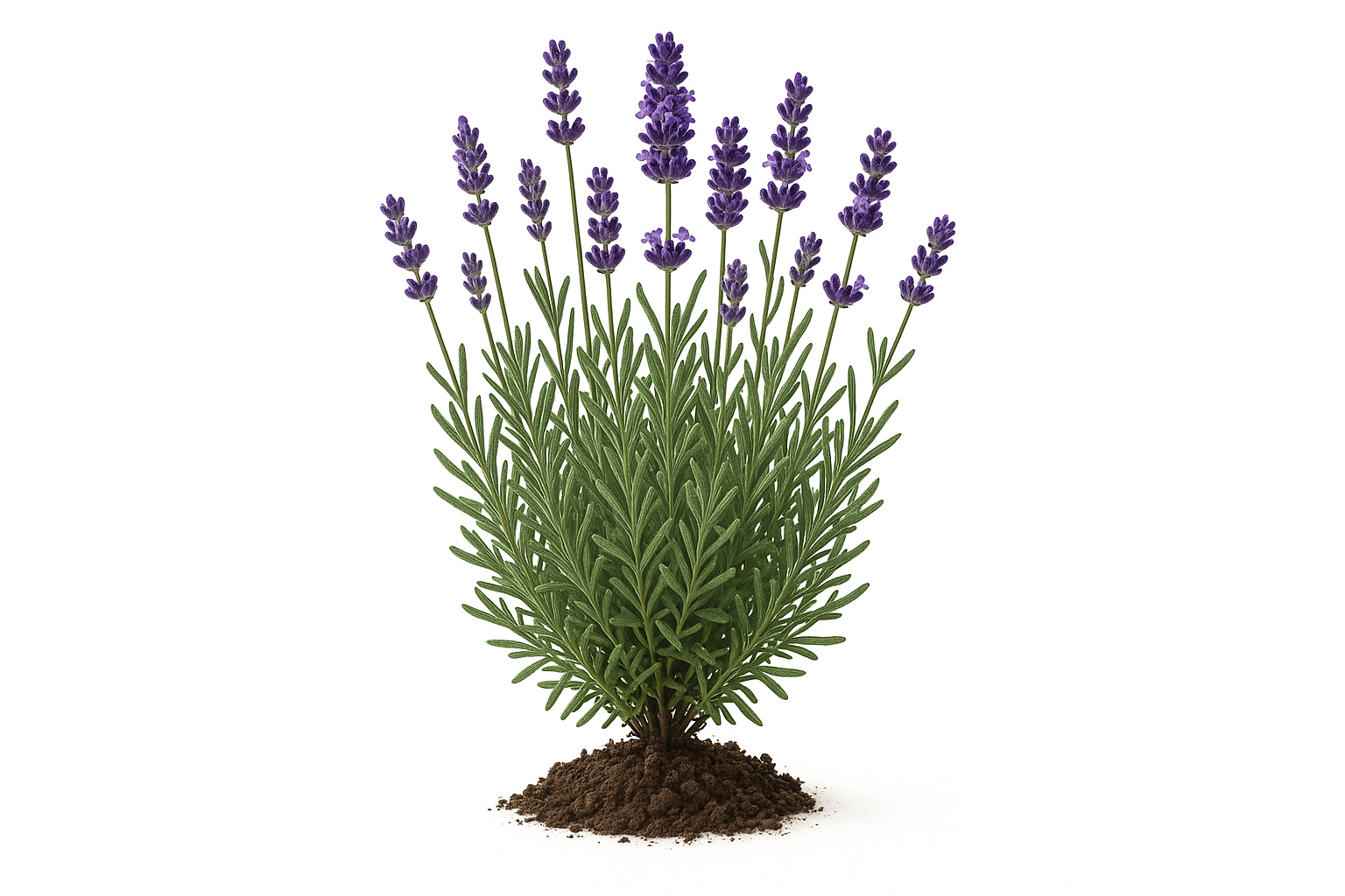 lavender munstead Show the entire, mature plant upright with true-to-type, healthy foliage, and in a small clump of natural soil. Use a solid, clean white background in a high-detail, fresh botanical catalog style for an online store.