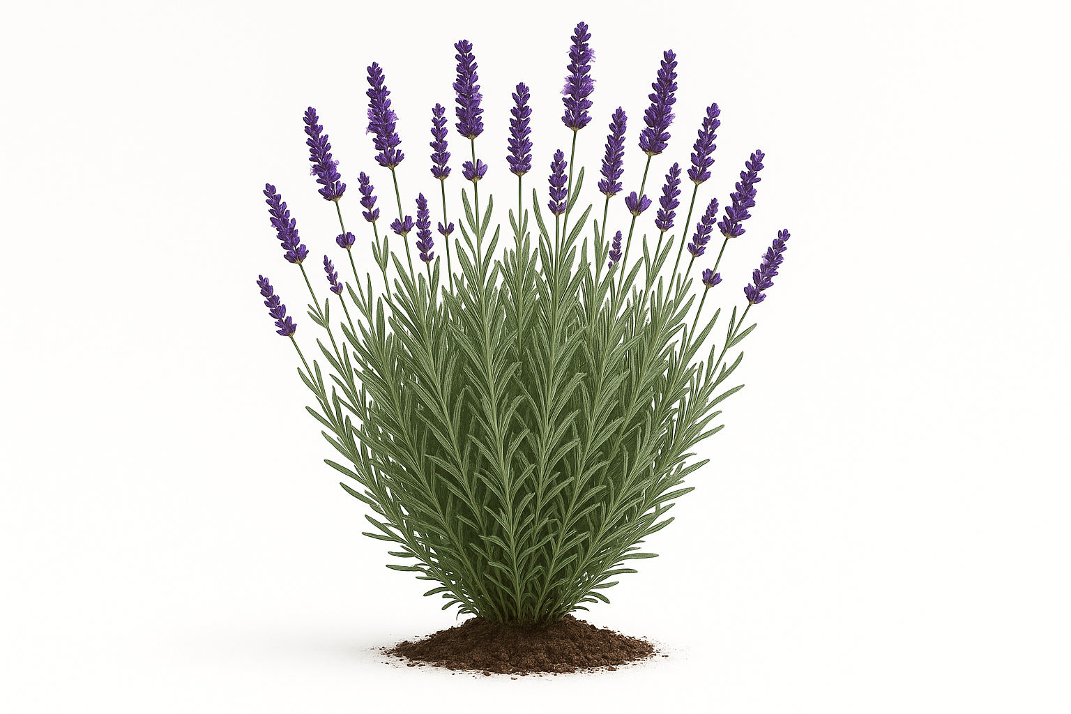 lavender phenomenal Show the entire, mature plant upright with true-to-type, healthy foliage, and in a small clump of natural soil. Use a solid, clean white background in a high-detail, fresh botanical catalog style for an online store.
