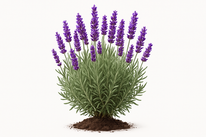 lavender Provence Show the entire, mature plant upright with true-to-type, healthy foliage, and in a small clump of natural soil. Use a solid, clean white background in a high-detail, fresh botanical catalog style for an online store.