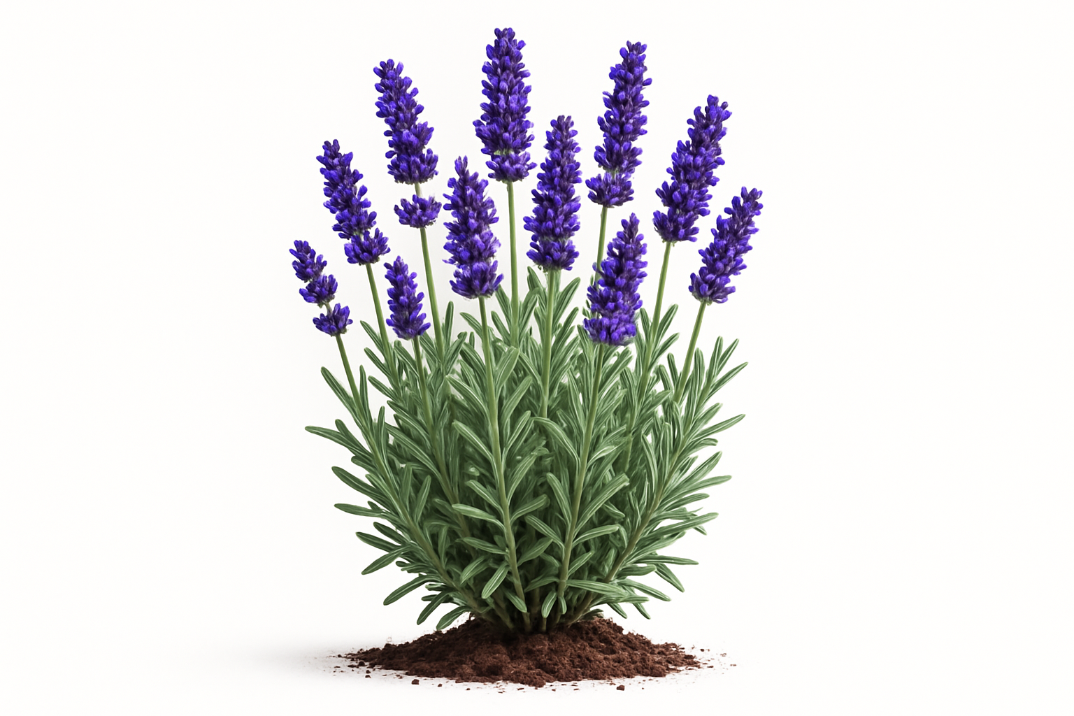 lavender super blue Show the entire, mature plant upright with true-to-type, healthy foliage, and in a small clump of natural soil. Use a solid, clean white background in a high-detail, fresh botanical catalog style for an online store.