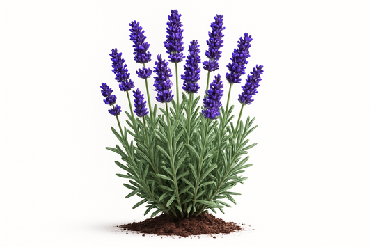 lavender super blue Show the entire, mature plant upright with true-to-type, healthy foliage, and in a small clump of natural soil. Use a solid, clean white background in a high-detail, fresh botanical catalog style for an online store.