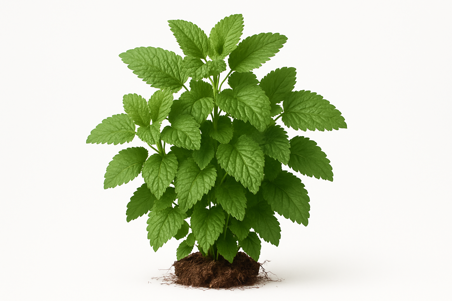 lemon balm Show the entire, mature plant upright with true-to-type, healthy foliage, and in a small clump of natural soil. Use a solid, clean white background in a high-detail, fresh botanical catalog style for an online store.