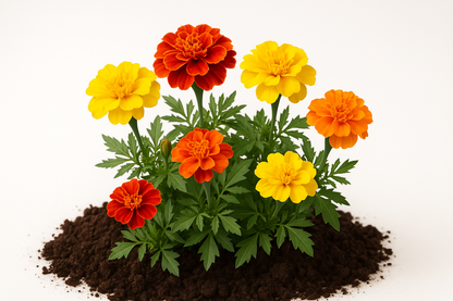 marigold french hot pak mixture, plant with some soil and white background 