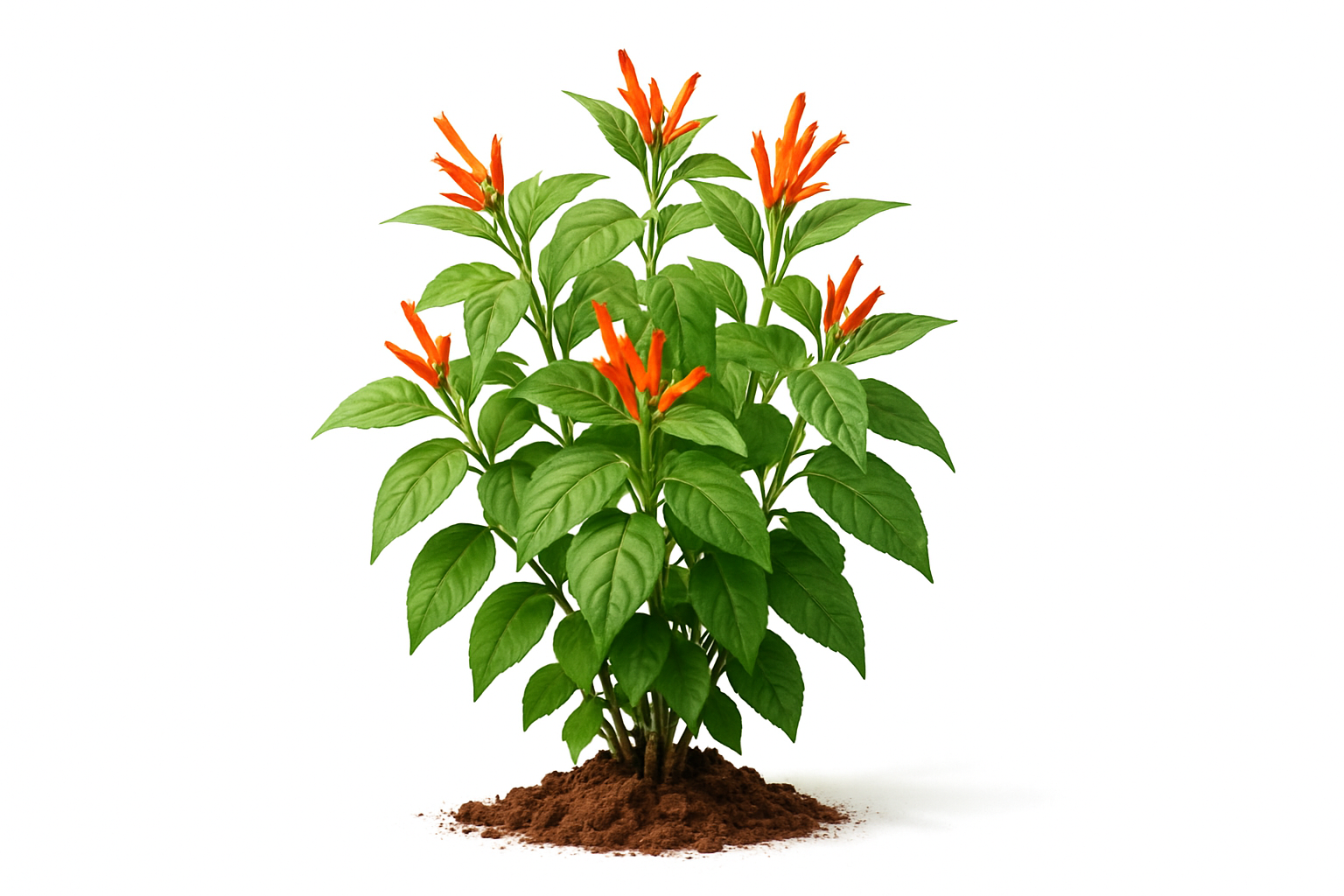 Mexican honeysuckle Show the entire, mature plant upright with true-to-type, healthy foliage, and in a small clump of natural soil. Use a solid, clean white background in a high-detail, fresh botanical catalog style for an online store.
