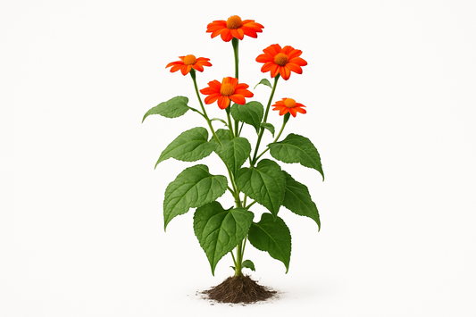 Mexican sunflower Show the entire, mature plant upright with true-to-type, healthy foliage, and in a small clump of natural soil. Use a solid, clean white background in a high-detail, fresh botanical catalog style for an online store.
