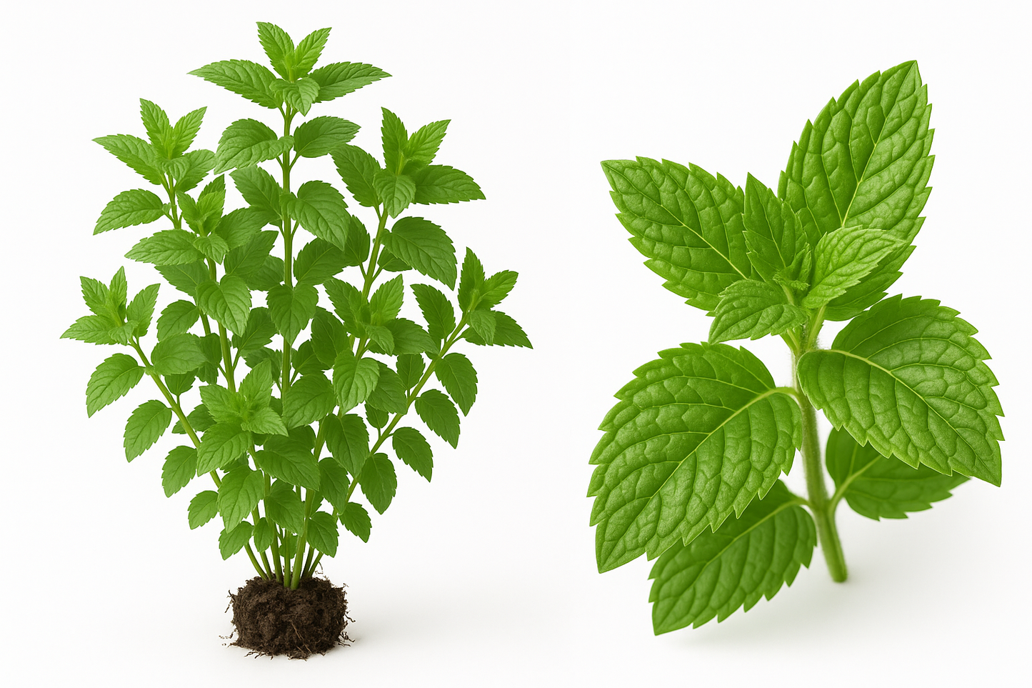 mint spearmint Show the entire, mature plant upright with true-to-type, healthy foliage, the edible part visible, and in a small clump of natural soil. Use a solid, clean white background in a high-detail, fresh botanical catalog style for an online store.
Also show a close-up of the mature edible part (such as fruit, leaf, head, or flower) alone, on the same solid white background with accurate color, texture, and premium, fresh-picked appearance.
