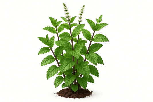 mint thai Show the entire, mature plant upright with true-to-type, healthy foliage, and in a small clump of natural soil. Use a solid, clean white background in a high-detail, fresh botanical catalog style for an online store.