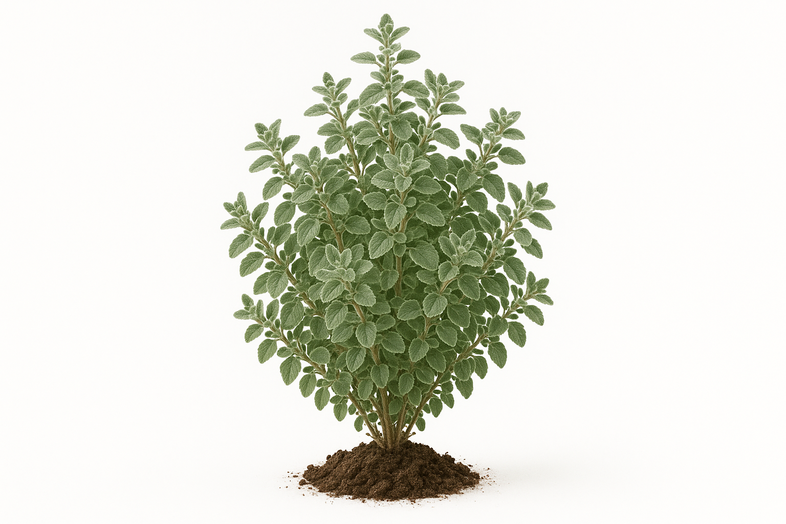oregano Russian Show the entire, mature plant upright with true-to-type, healthy foliage, and in a small clump of natural soil. Use a solid, clean white background in a high-detail, fresh botanical catalog style for an online store.

