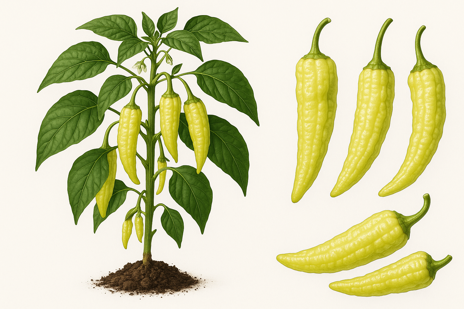pepper Greek pepperoncini Show the entire, mature plant upright with true-to-type, healthy foliage, the edible part visible, and in a small clump of natural soil. Use a solid, clean white background in a high-detail, fresh botanical catalog style for an online store.
Also show a close-up of the mature edible part (such as fruit, leaf, head, or flower) alone, on the same solid white background with accurate color, texture, and premium, fresh-picked appearance.
