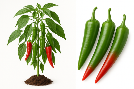 Pepper Hot Anaheim Chili Hot Show the entire, mature plant upright with true-to-type, healthy foliage, the edible part visible, and in a small clump of natural soil. Use a solid, clean white background in a high-detail, fresh botanical catalog style for an online store.
Also show a close-up of the mature edible part (such as fruit, leaf, head, or flower) alone, on the same solid white background with accurate color, texture, and premium, fresh-picked appearance.
