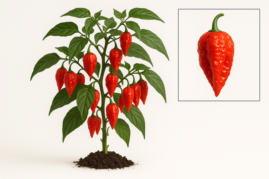 pepper hot bhut jolokia ghost pepper Show the entire, mature plant upright with true-to-type, healthy foliage, the edible part visible, and in a small clump of natural soil. Use a solid, clean white background in a high-detail, fresh botanical catalog style for an online store.
Also show a close-up of the mature edible part (such as fruit, leaf, head, or flower) alone, on the same solid white background with accurate color, texture, and premium, fresh-picked appearance.
