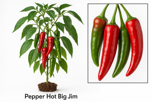 Pepper Hot Big Jim Show the entire, mature plant upright with true-to-type, healthy foliage, the edible part visible, and in a small clump of natural soil. Use a solid, clean white background in a high-detail, fresh botanical catalog style for an online store.
Also show a close-up of the mature edible part (such as fruit, leaf, head, or flower) alone, on the same solid white background with accurate color, texture, and premium, fresh-picked appearance.
