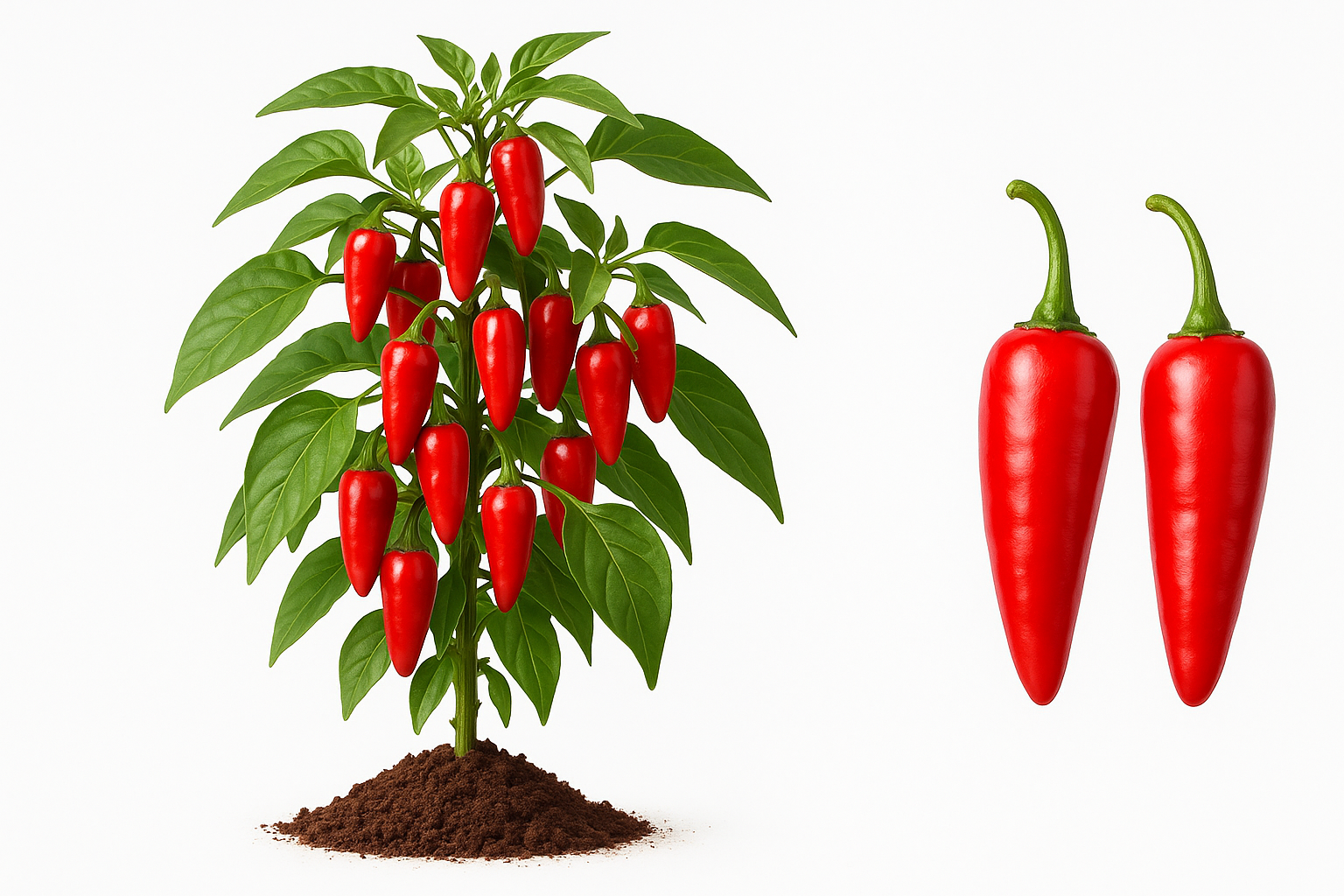 pepper hot Caribbean red hot Show the entire, mature plant upright with true-to-type, healthy foliage, the edible part visible, and in a small clump of natural soil. Use a solid, clean white background in a high-detail, fresh botanical catalog style for an online store.
Also show a close-up of the mature edible part (such as fruit, leaf, head, or flower) alone, on the same solid white background with accurate color, texture, and premium, fresh-picked appearance.
