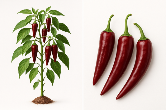 pepper hot durango guajillo Show the entire, mature plant upright with true-to-type, healthy foliage, the edible part visible, and in a small clump of natural soil. Use a solid, clean white background in a high-detail, fresh botanical catalog style for an online store.
Also show a close-up of the mature edible part (such as fruit, leaf, head, or flower) alone, on the same solid white background with accurate color, texture, and premium, fresh-picked appearance.
