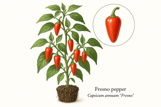 pepper hot fresno flamming flare Show the entire, mature plant upright with true-to-type, healthy foliage, the edible part visible, and in a small clump of natural soil. Use a solid, clean white background in a high-detail, fresh botanical catalog style for an online store.
Also show a close-up of the mature edible part (such as fruit, leaf, head, or flower) alone, on the same solid white background with accurate color, texture, and premium, fresh-picked appearance.
