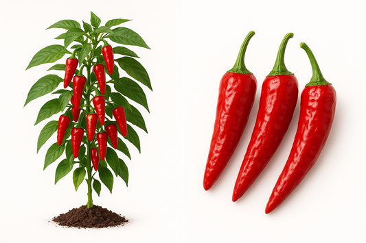 pepper hot kung psi hot Show the entire, mature plant upright with true-to-type, healthy foliage, the edible part visible, and in a small clump of natural soil. Use a solid, clean white background in a high-detail, fresh botanical catalog style for an online store.
Also show a close-up of the mature edible part (such as fruit, leaf, head, or flower) alone, on the same solid white background with accurate color, texture, and premium, fresh-picked appearance.

