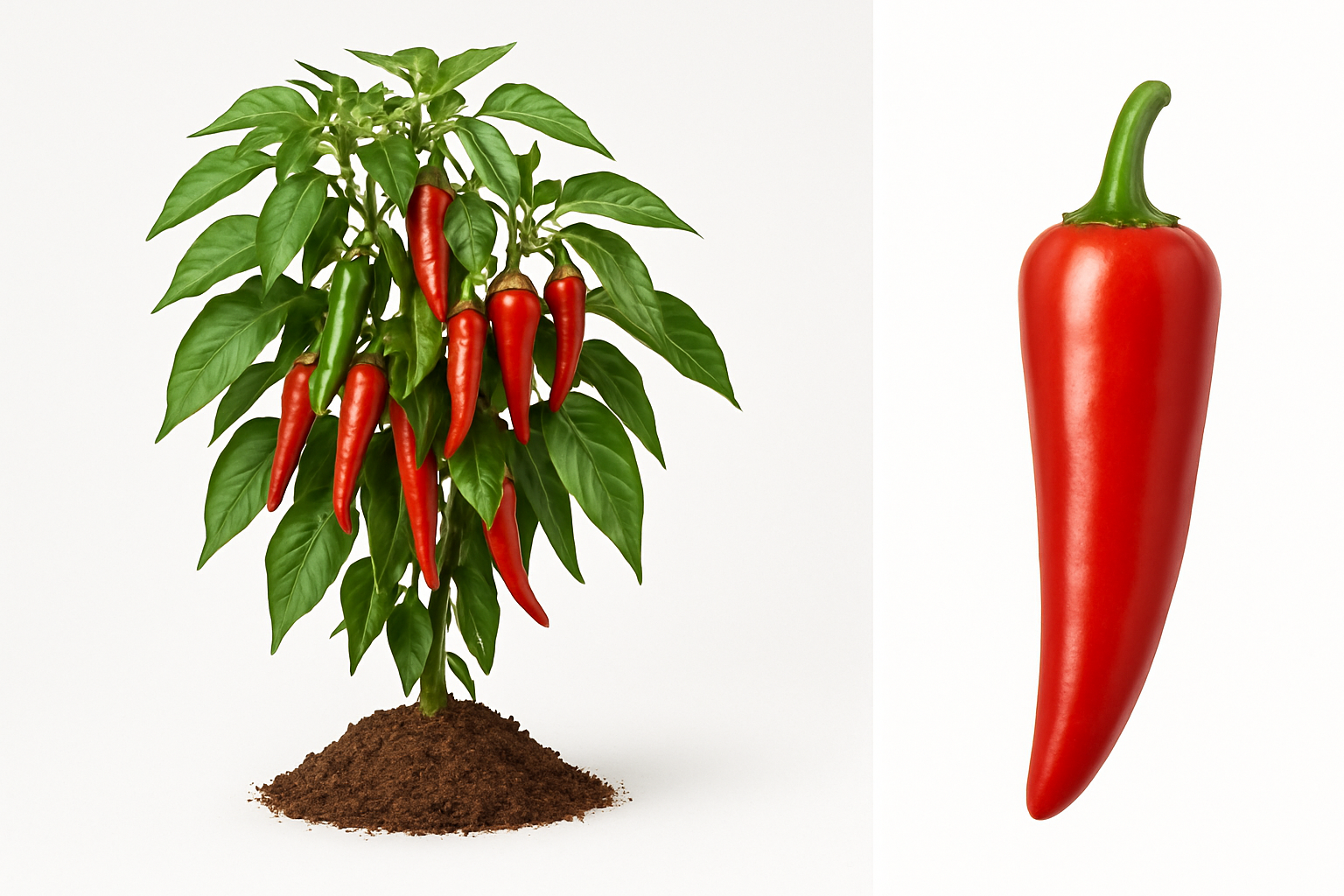 pepper hot newmex hot Parker Show the entire, mature plant upright with true-to-type, healthy foliage, the edible part visible, and in a small clump of natural soil. Use a solid, clean white background in a high-detail, fresh botanical catalog style for an online store.
Also show a close-up of the mature edible part (such as fruit, leaf, head, or flower) alone, on the same solid white background with accurate color, texture, and premium, fresh-picked appearance.
