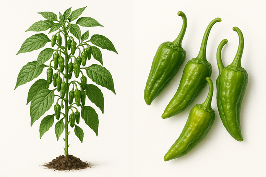 pepper hot Padron Show the entire, mature plant upright with true-to-type, healthy foliage, the edible part visible, and in a small clump of natural soil. Use a solid, clean white background in a high-detail, fresh botanical catalog style for an online store.
Also show a close-up of the mature edible part (such as fruit, leaf, head, or flower) alone, on the same solid white background with accurate color, texture, and premium, fresh-picked appearance.
