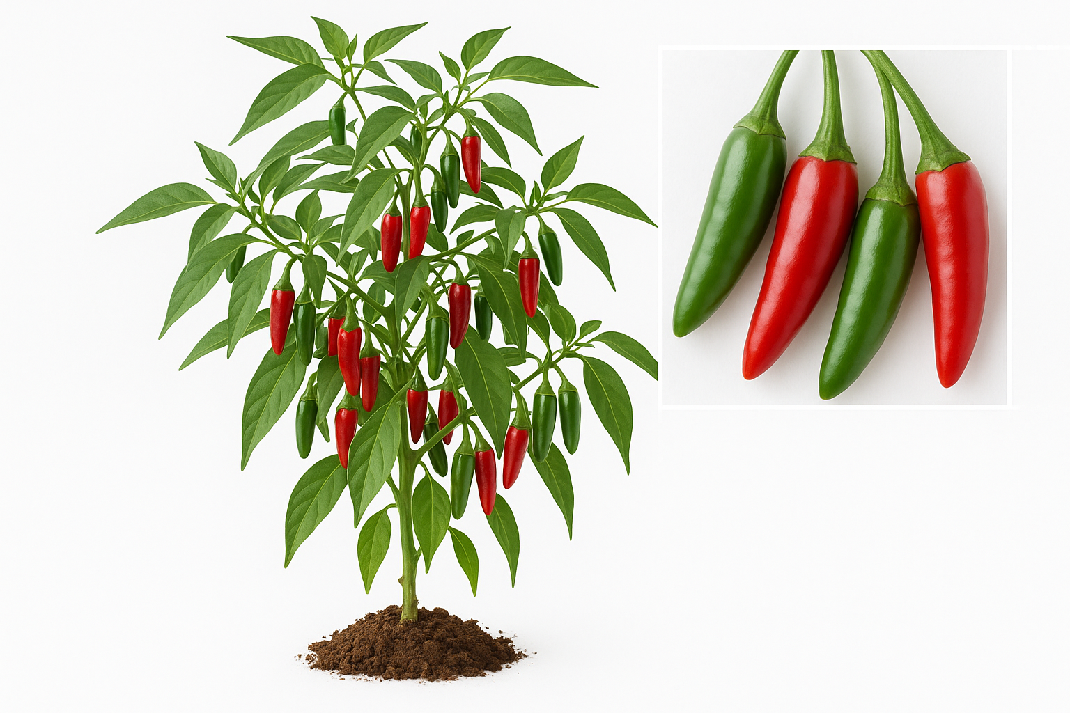 Pepper Hot Serrano Show the entire, mature plant upright with true-to-type, healthy foliage, the edible part visible, and in a small clump of natural soil. Use a solid, clean white background in a high-detail, fresh botanical catalog style for an online store.
Also show a close-up of the mature edible part (such as fruit, leaf, head, or flower) alone, on the same solid white background with accurate color, texture, and premium, fresh-picked appearance.
