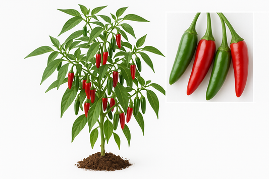 Pepper Hot Serrano Show the entire, mature plant upright with true-to-type, healthy foliage, the edible part visible, and in a small clump of natural soil. Use a solid, clean white background in a high-detail, fresh botanical catalog style for an online store.
Also show a close-up of the mature edible part (such as fruit, leaf, head, or flower) alone, on the same solid white background with accurate color, texture, and premium, fresh-picked appearance.
