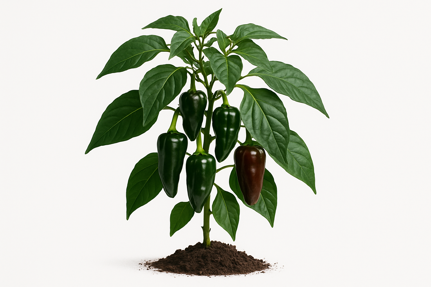pepper hot trident - poblano/ancho type Show the entire, mature plant upright with true-to-type, healthy foliage, the edible part visible, and in a small clump of natural soil. Use a solid, clean white background in a high-detail, fresh botanical catalog style for an online store.
Also show a close-up of the mature edible part (such as fruit, leaf, head, or flower) alone, on the same solid white background with accurate color, texture, and premium, fresh-picked appearance.
