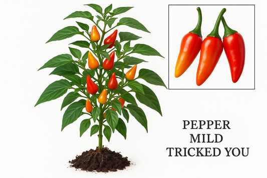 Pepper Mild Tricked You Show the entire, mature plant upright with true-to-type, healthy foliage, the edible part visible, and in a small clump of natural soil. Use a solid, clean white background in a high-detail, fresh botanical catalog style for an online store.
Also show a close-up of the mature edible part (such as fruit, leaf, head, or flower) alone, on the same solid white background with accurate color, texture, and premium, fresh-picked appearance.
