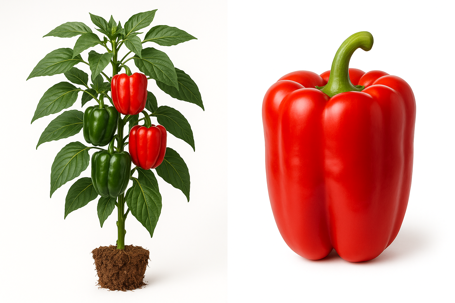 pepper sweet big Bertha Show the entire, mature plant upright with true-to-type, healthy foliage, the edible part visible, and in a small clump of natural soil. Use a solid, clean white background in a high-detail, fresh botanical catalog style for an online store.
Also show a close-up of the mature edible part (such as fruit, leaf, head, or flower) alone, on the same solid white background with accurate color, texture, and premium, fresh-picked appearance.
