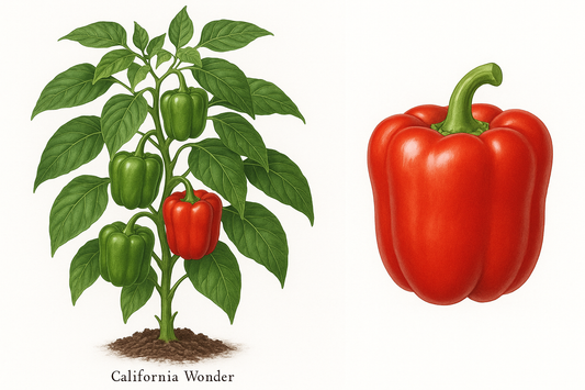 pepper sweet california wonder bell select Show the entire, mature plant upright with true-to-type, healthy foliage, the edible part visible, and in a small clump of natural soil. Use a solid, clean white background in a high-detail, fresh botanical catalog style for an online store.
Also show a close-up of the mature edible part (such as fruit, leaf, head, or flower) alone, on the same solid white background with accurate color, texture, and premium, fresh-picked appearance.

