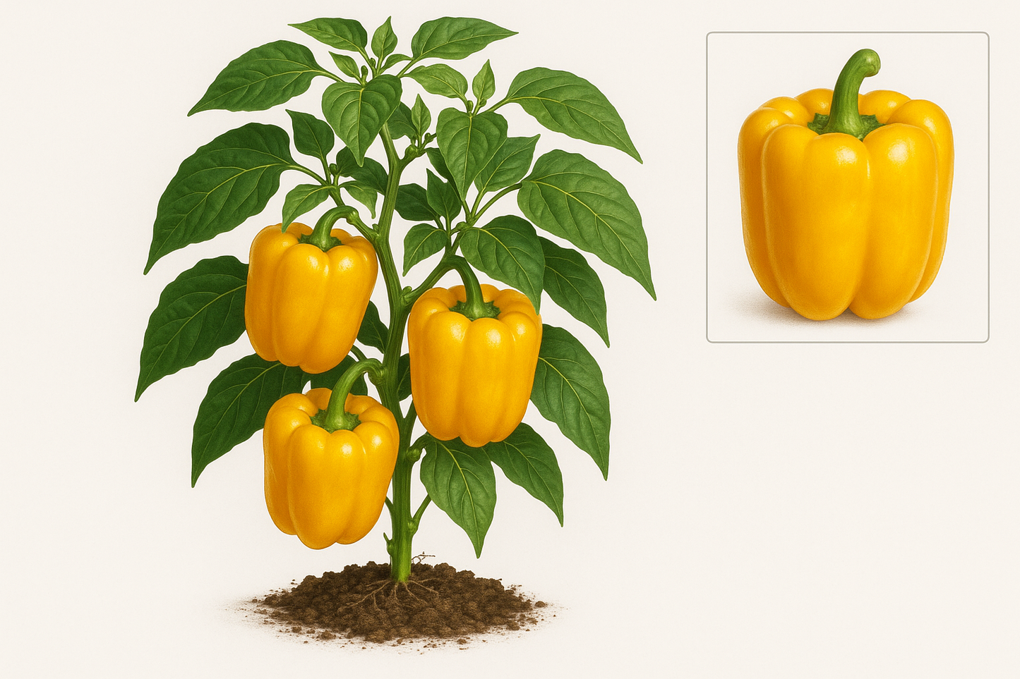 pepper sweet california wonder Golden Show the entire, mature plant upright with true-to-type, healthy foliage, the edible part visible, and in a small clump of natural soil. Use a solid, clean white background in a high-detail, fresh botanical catalog style for an online store.
Also show a close-up of the mature edible part (such as fruit, leaf, head, or flower) alone, on the same solid white background with accurate color, texture, and premium, fresh-picked appearance.
