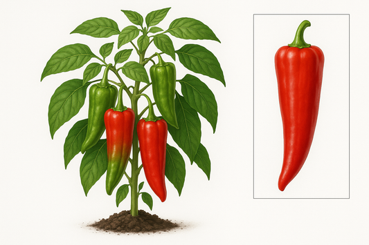 pepper sweet giant marconi Show the entire, mature plant upright with true-to-type, healthy foliage, the edible part visible, and in a small clump of natural soil. Use a solid, clean white background in a high-detail, fresh botanical catalog style for an online store.
Also show a close-up of the mature edible part (such as fruit, leaf, head, or flower) alone, on the same solid white background with accurate color, texture, and premium, fresh-picked appearance.
