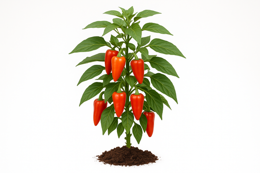 pepper sweet italico Show the entire, mature plant upright with true-to-type, healthy foliage, the edible part visible, and in a small clump of natural soil. Use a solid, clean white background in a high-detail, fresh botanical catalog style for an online store.
Also show a close-up of the mature edible part (such as fruit, leaf, head, or flower) alone, on the same solid white background with accurate color, texture, and premium, fresh-picked appearance.
