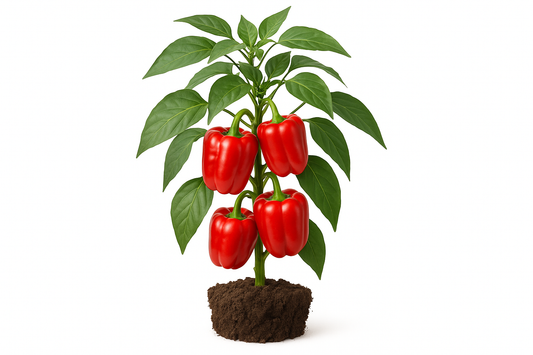 pepper sweet majestic red (bell) Show the entire, mature plant upright with true-to-type, healthy foliage, the edible part visible, and in a small clump of natural soil. Use a solid, clean white background in a high-detail, fresh botanical catalog style for an online store.
Also show a close-up of the mature edible part (such as fruit, leaf, head, or flower) alone, on the same solid white background with accurate color, texture, and premium, fresh-picked appearance.
