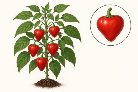 pepper sweet pimento Show the entire, mature plant upright with true-to-type, healthy foliage, the edible part visible, and in a small clump of natural soil. Use a solid, clean white background in a high-detail, fresh botanical catalog style for an online store.
Also show a close-up of the mature edible part (such as fruit, leaf, head, or flower) alone, on the same solid white background with accurate color, texture, and premium, fresh-picked appearance.
