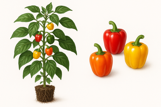 pepper sweet sweetie - AAS mini bell Show the entire, mature plant upright with true-to-type, healthy foliage, the edible part visible, and in a small clump of natural soil. Use a solid, clean white background in a high-detail, fresh botanical catalog style for an online store.
Also show a close-up of the mature edible part (such as fruit, leaf, head, or flower) alone, on the same solid white background with accurate color, texture, and premium, fresh-picked appearance.
