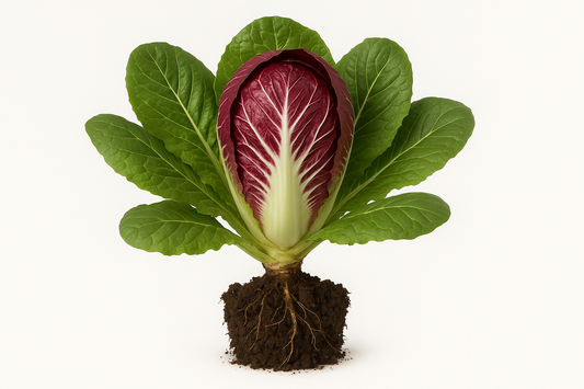 Radicchio Perseo Show the entire, mature plant upright with true-to-type, healthy foliage, the edible part visible, and in a small clump of natural soil. Use a solid, clean white background in a high-detail, fresh botanical catalog style for an online store.
Also show a close-up of the mature edible part (such as fruit, leaf, head, or flower) alone, on the same solid white background with accurate color, texture, and premium, fresh-picked appearance.
