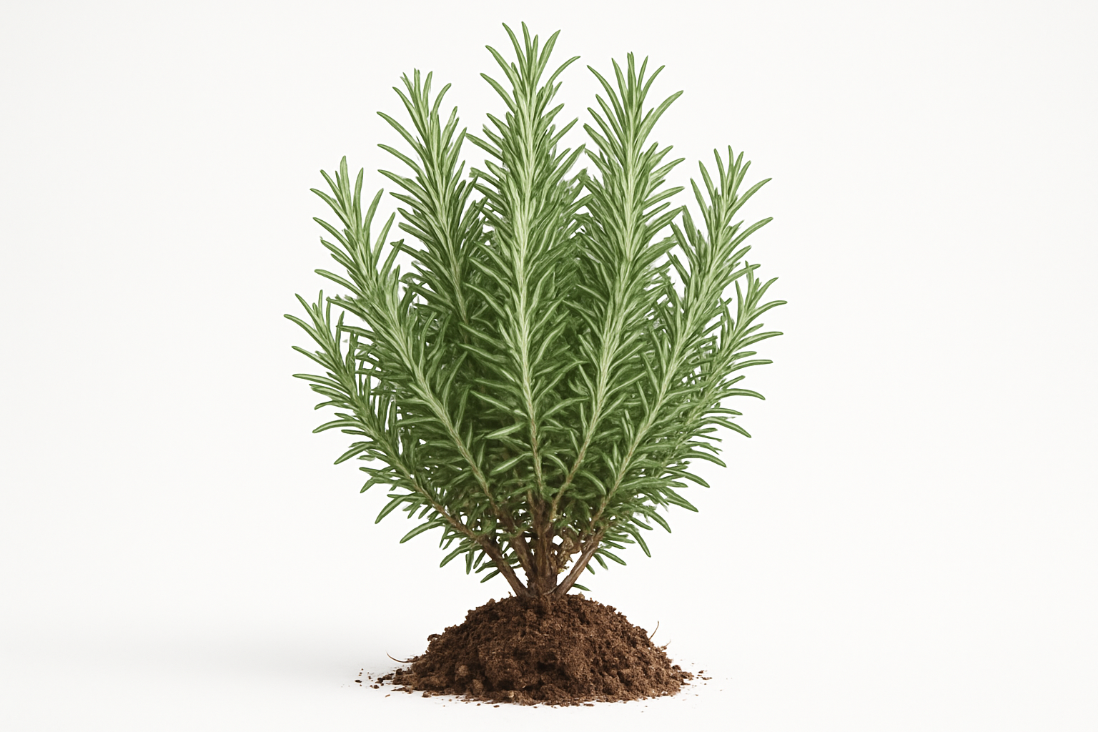 rosemary officinalis Show the entire, mature plant upright with true-to-type, healthy foliage, and in a small clump of natural soil. Use a solid, clean white background in a high-detail, fresh botanical catalog style for an online store.