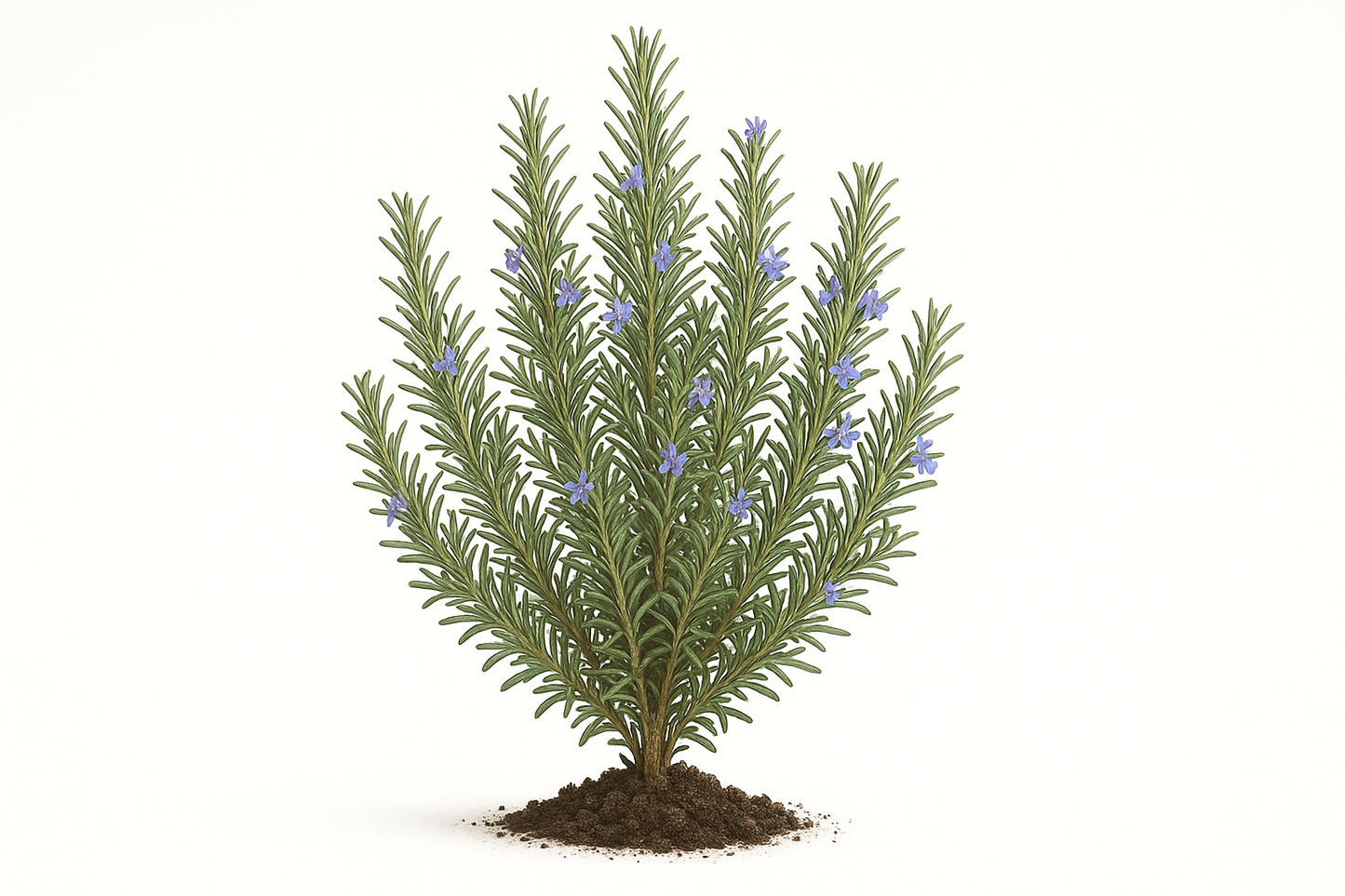 rosemary Tuscan blue Show the entire, mature plant upright with true-to-type, healthy foliage, and in a small clump of natural soil. Use a solid, clean white background in a high-detail, fresh botanical catalog style for an online store.