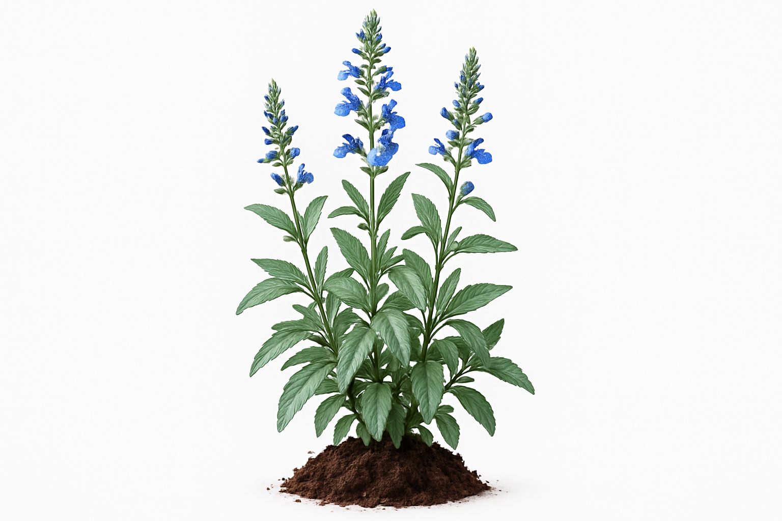 sage blue hill Show the entire, mature plant upright with true-to-type, healthy foliage, and in a small clump of natural soil. Use a solid, clean white background in a high-detail, fresh botanical catalog style for an online store.
