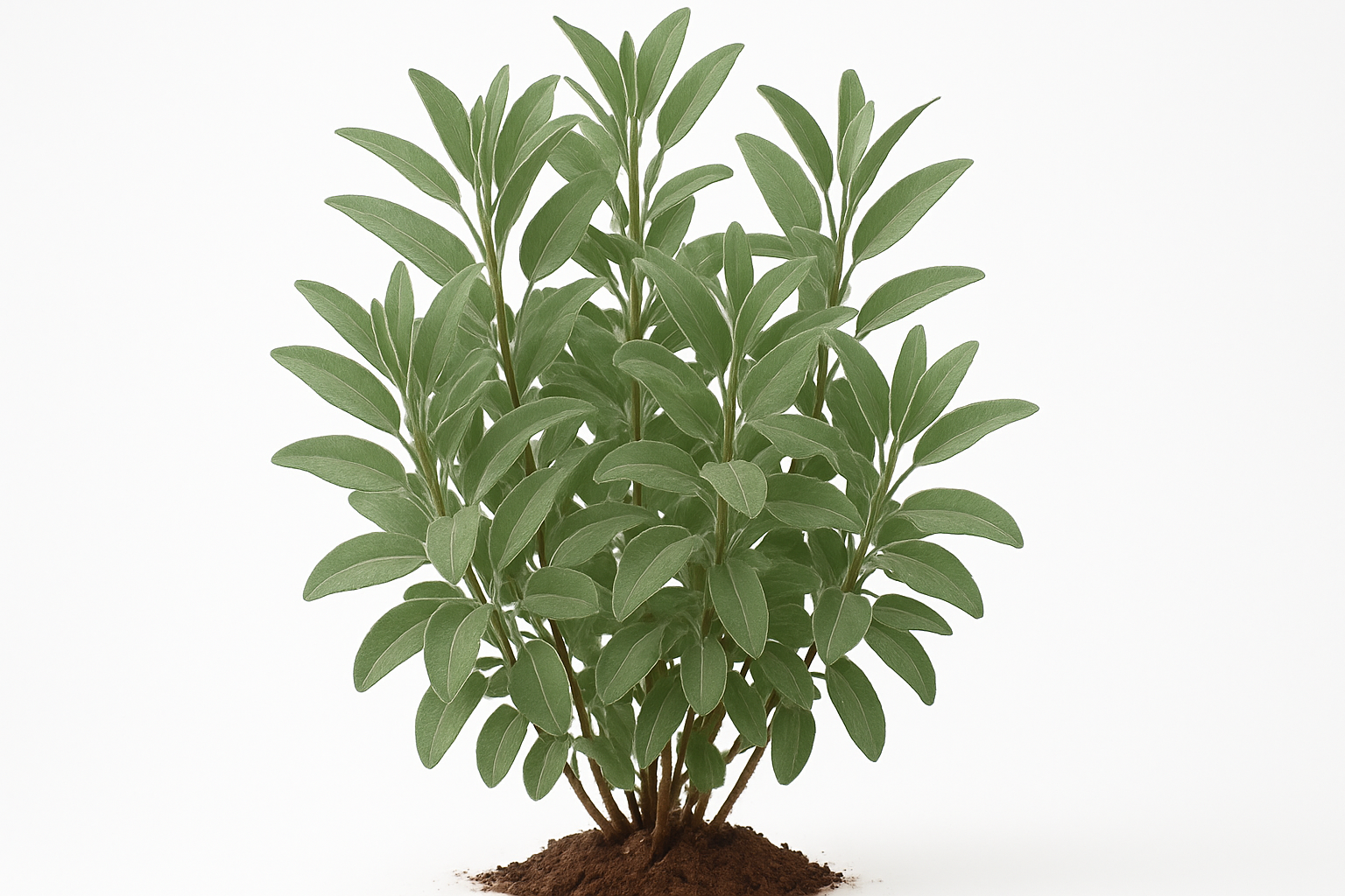 sage forsythia Show the entire, mature plant upright with true-to-type, healthy foliage, and in a small clump of natural soil. Use a solid, clean white background in a high-detail, fresh botanical catalog style for an online store.
