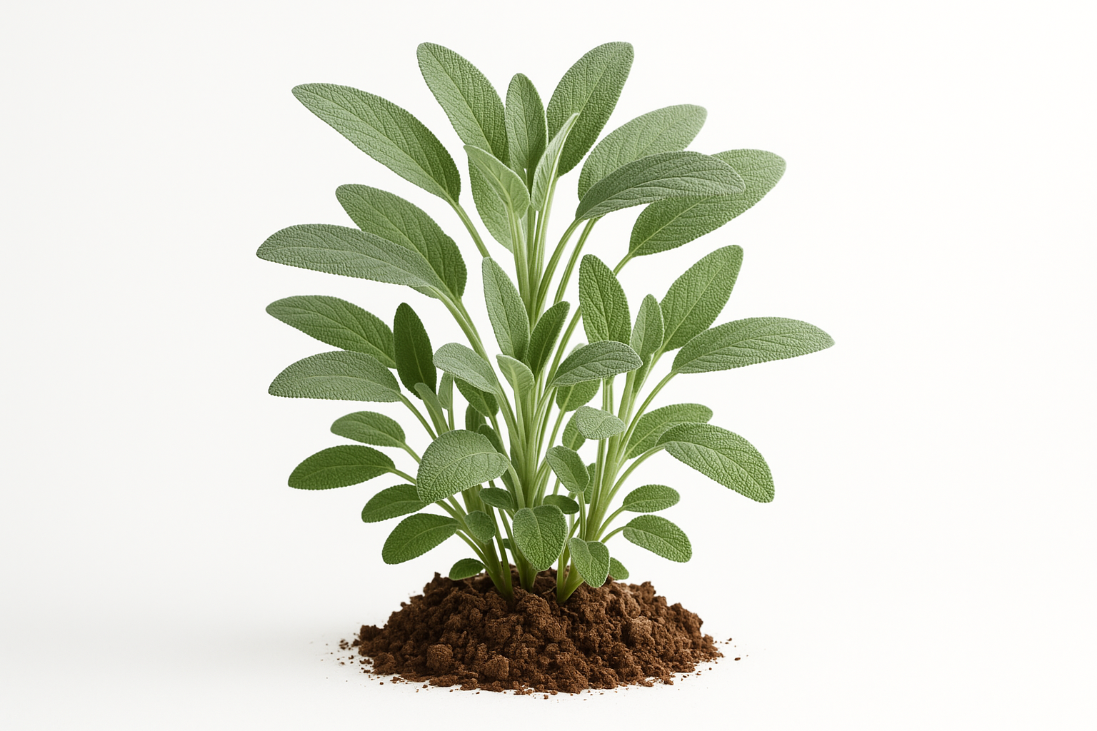 sage may night Show the entire, mature plant upright with true-to-type, healthy foliage, and in a small clump of natural soil. Use a solid, clean white background in a high-detail, fresh botanical catalog style for an online store.
