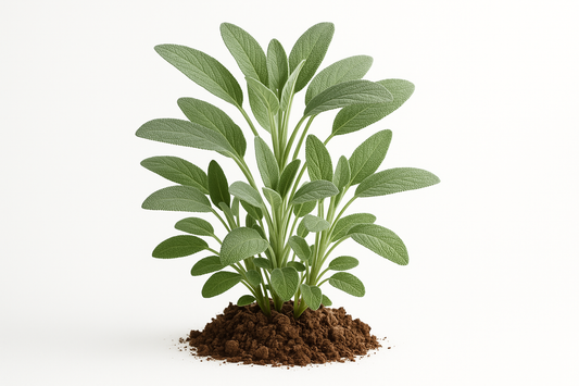 sage may night Show the entire, mature plant upright with true-to-type, healthy foliage, and in a small clump of natural soil. Use a solid, clean white background in a high-detail, fresh botanical catalog style for an online store.

